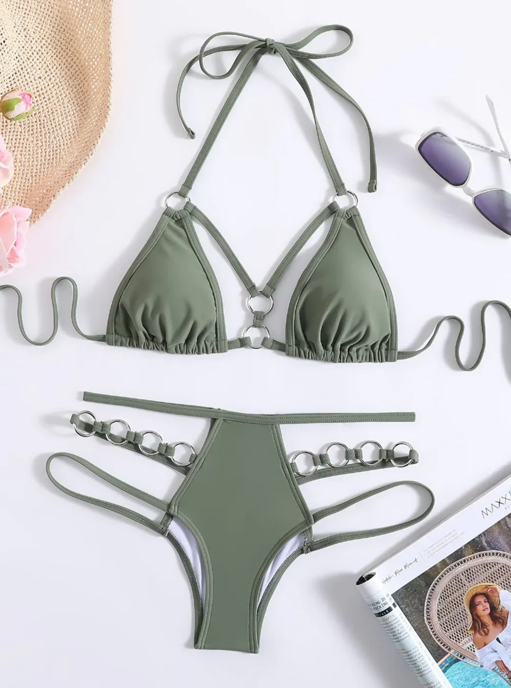 Halter Lace Up Green Triangle Bikini