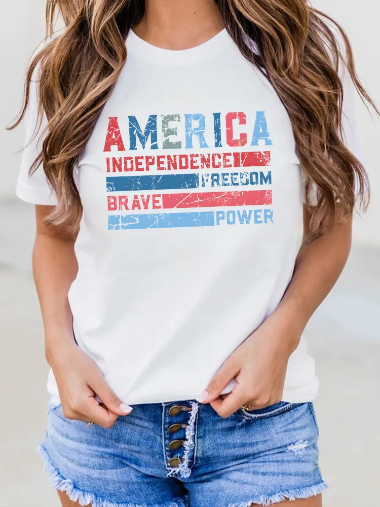 Woman'S America Independence Freedom Brave Power Round-Neck Short-Sleeved T-Shirt
