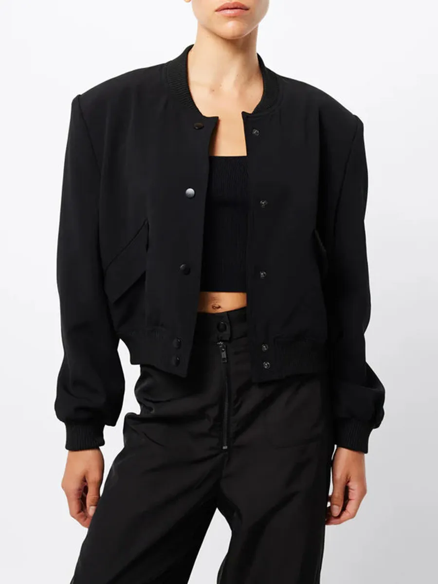 Black Cropped Button Front Bomber