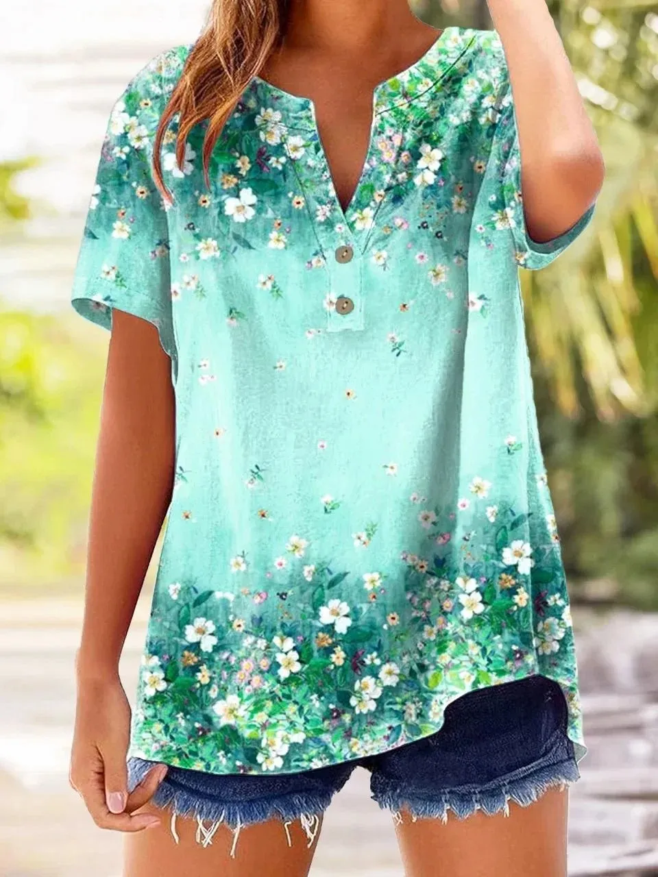 Women's Casual Plant Print V-Neck Short Sleeve Cotton and Linen Shirt