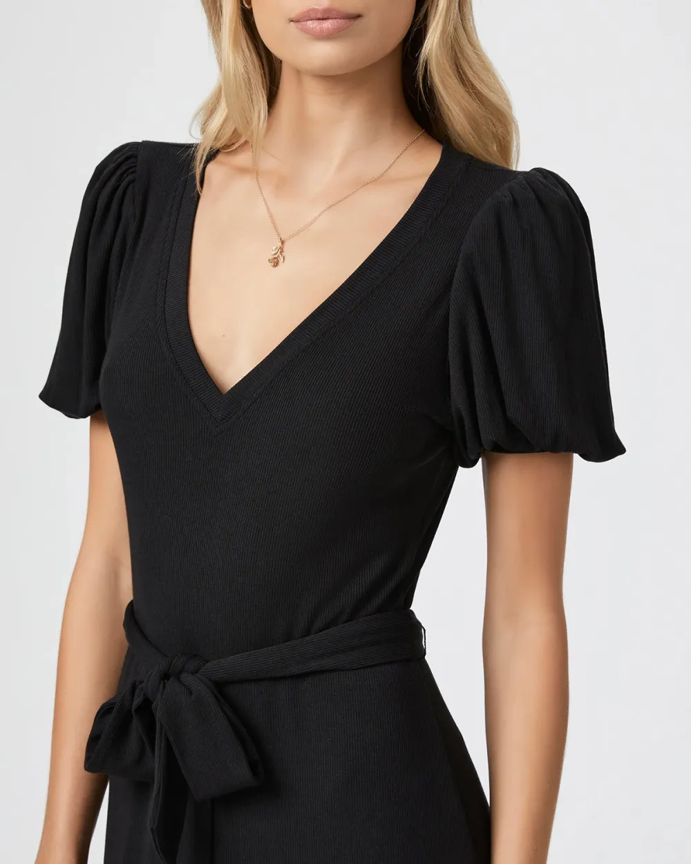 Black Puff Sleeve Belted Mini Dress