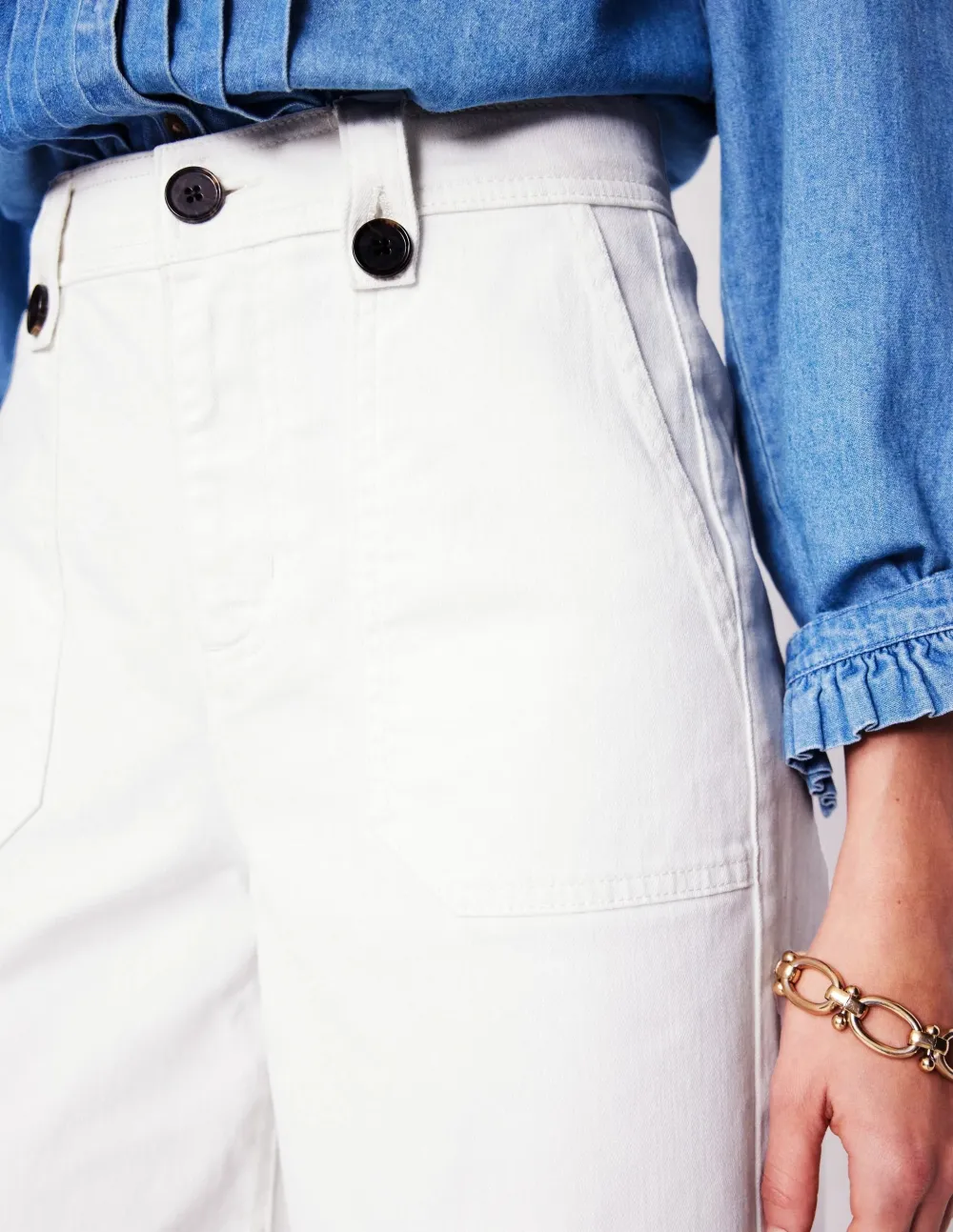 White Wide - Leg Linen Pants with Striped Detail