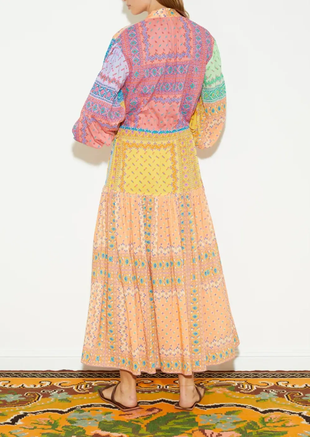 Patchwork Puff Seeve Maxi Smock Dress