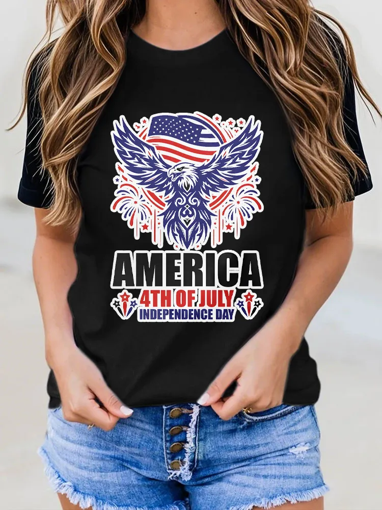 Woman'S America 4Th Of July Independence Day Round-Neck Short-Sleeved T-Shirt