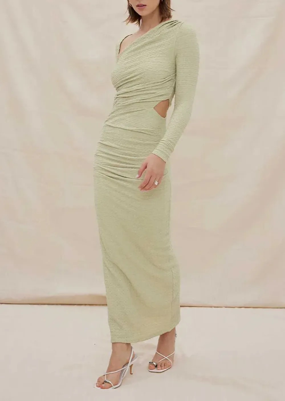 One Shoulder Ruched Slit Maxi Dress