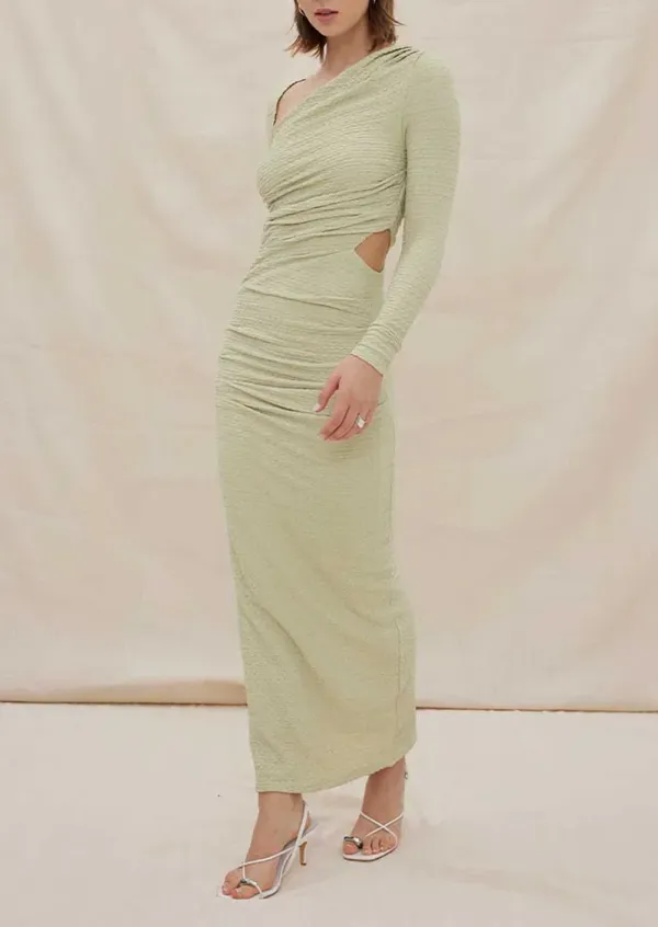 One Shoulder Ruched Slit Maxi Dress