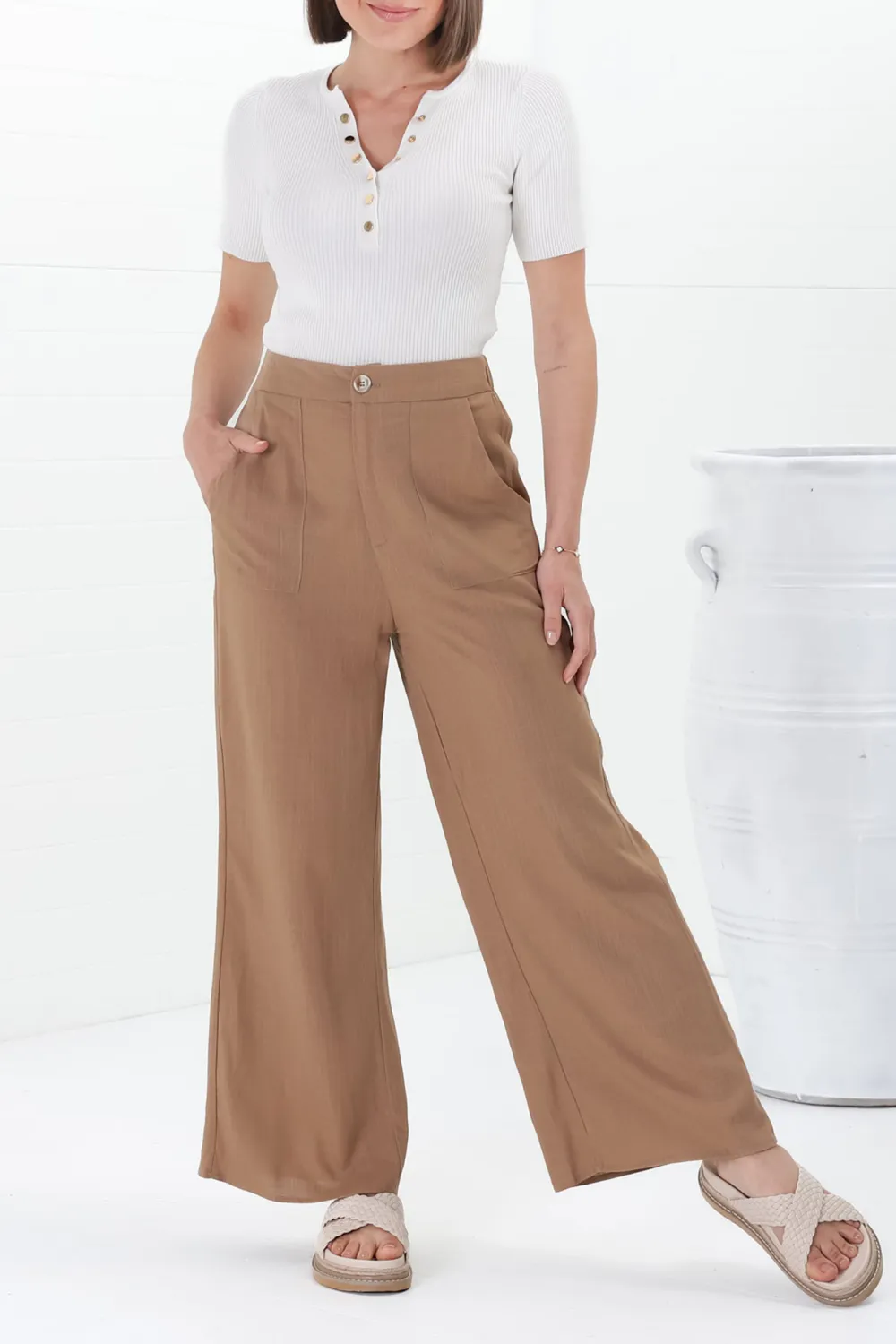 Tan High Waist Wide Leg Casual Pants