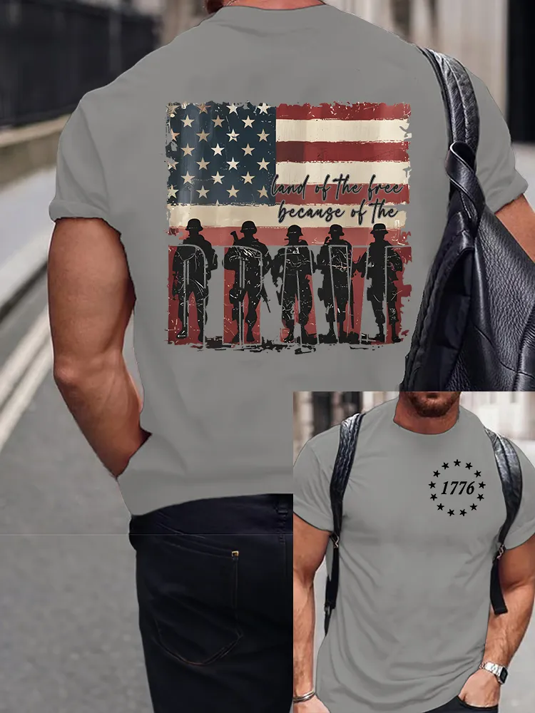 Men's Land Of The Free Because Of The Brave Round-Neck Short-Sleeved T-Shirt