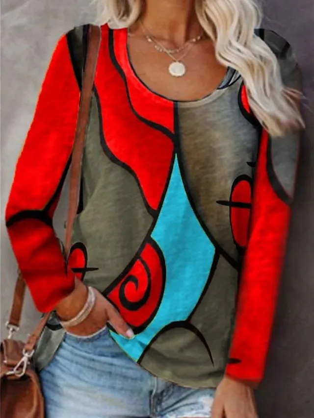 Women's Plus Size T shirt Tee Graphic Geometric Casual Holiday Red Blue Gray Print Long Sleeve Vintage Ethnic Round Neck Fall & Winter