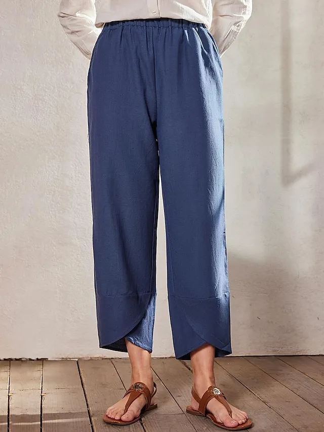 Women's Linen Pants Chinos Pants Trousers Cotton Plain Side Pockets Baggy Ankle-Length Mid Waist Fashion Casual Weekend Navy Blue khaki S M