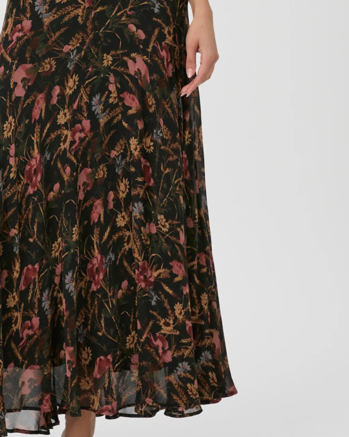 Black Multi Silk Floral Print Sleeveless Midi Dress