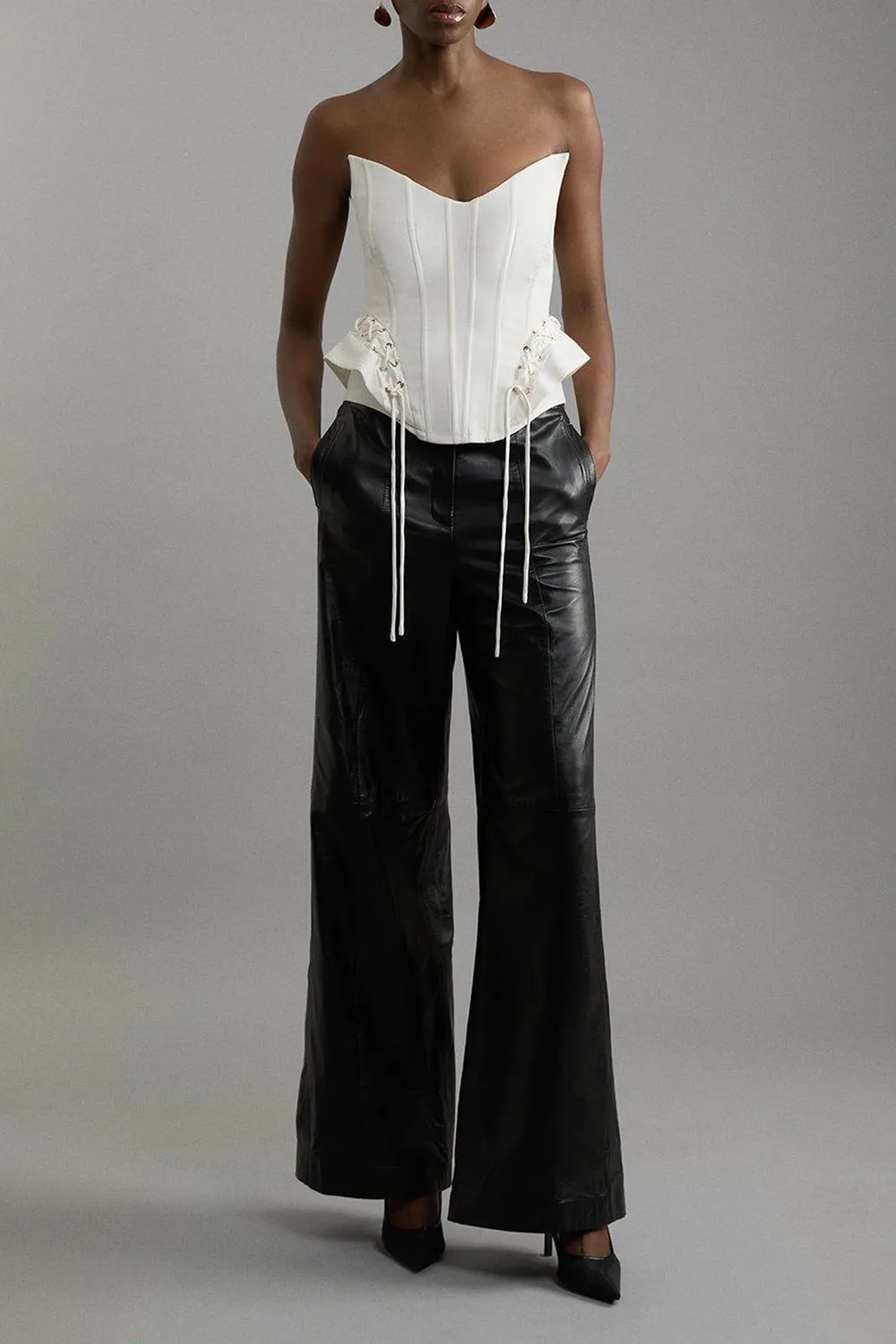 Mid Rise Wide Leg Leather Trousers