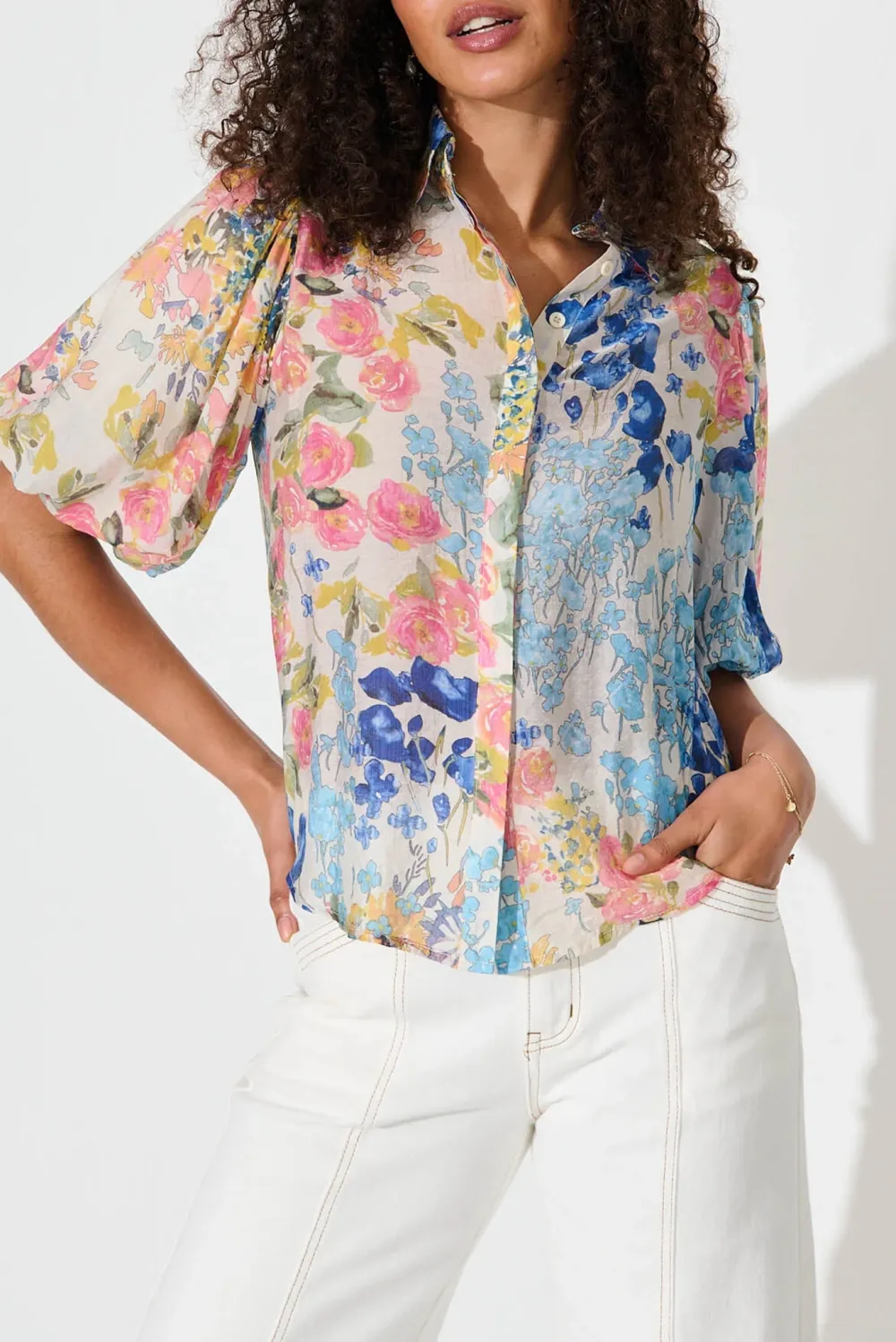 Floral Print Half Sleeve Button Up Shirt
