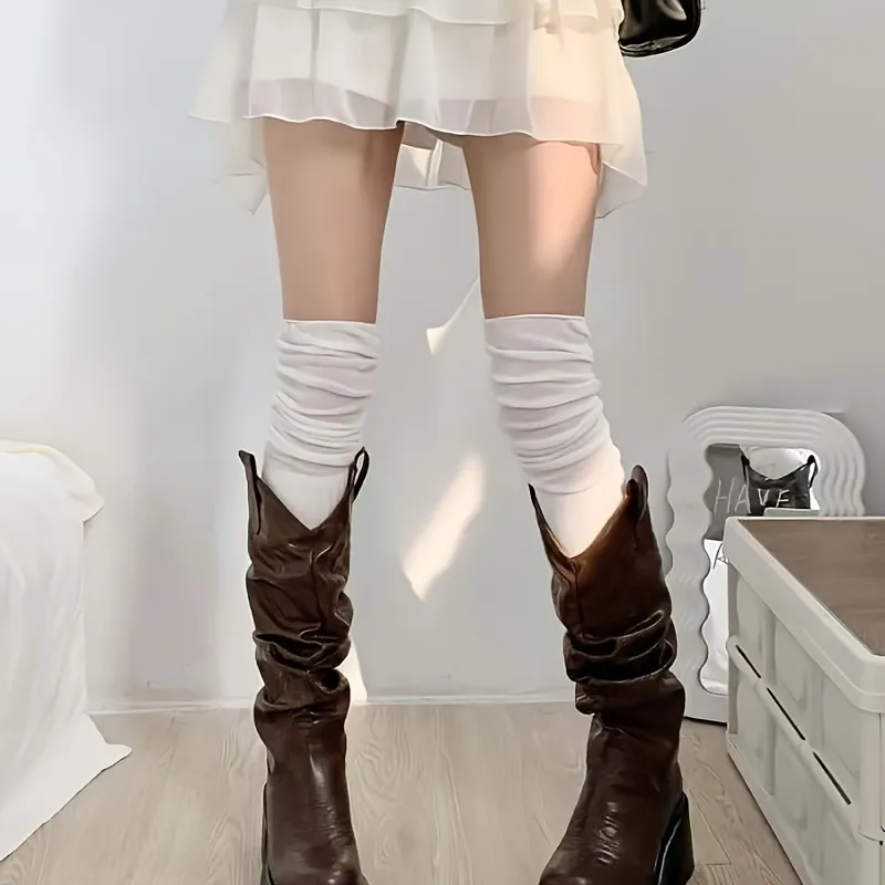 Lady'S Ruffled Striped Knitted Knee-Length Stockings