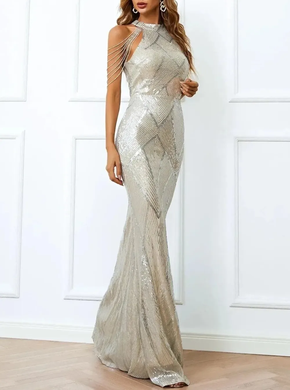 Cold Shoulder Beads Chain Cocktail Dress