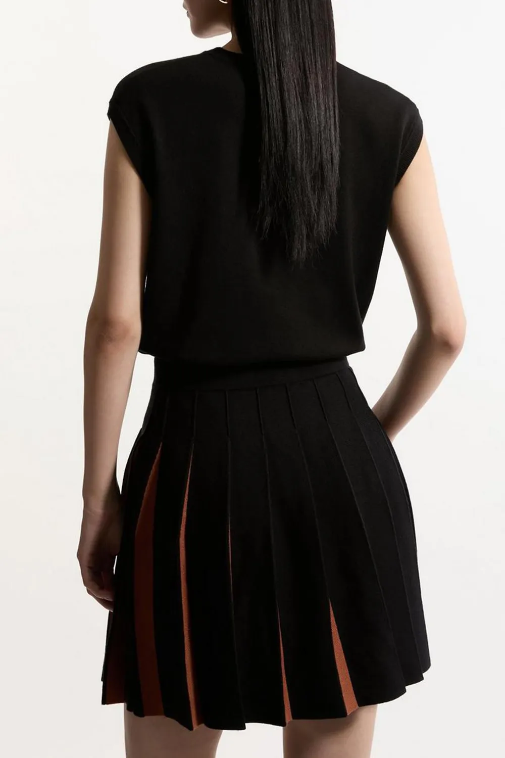 Pleated Wool Look Contrast Knit Mini Skirt