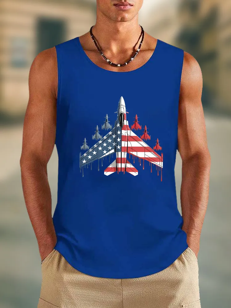 Men'S Stars And Stripes Airplane Print Round-Necked Sleeveless Vest