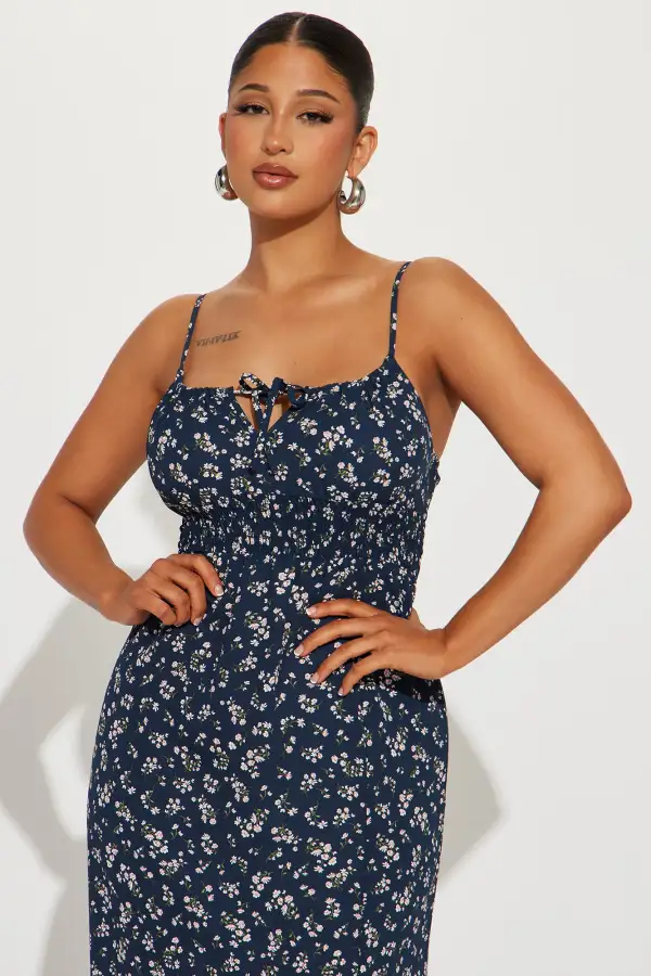 High Slit Floral Maxi Dress - Navy
