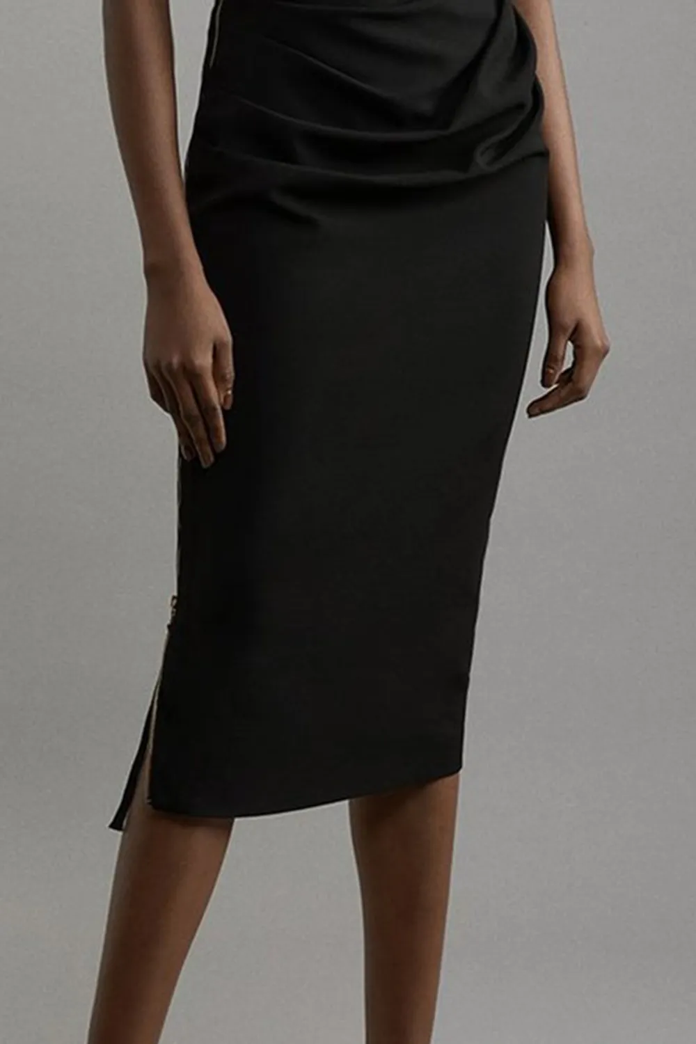 Structured Crepe Asymmetric Tailored Pencil Midi Dress