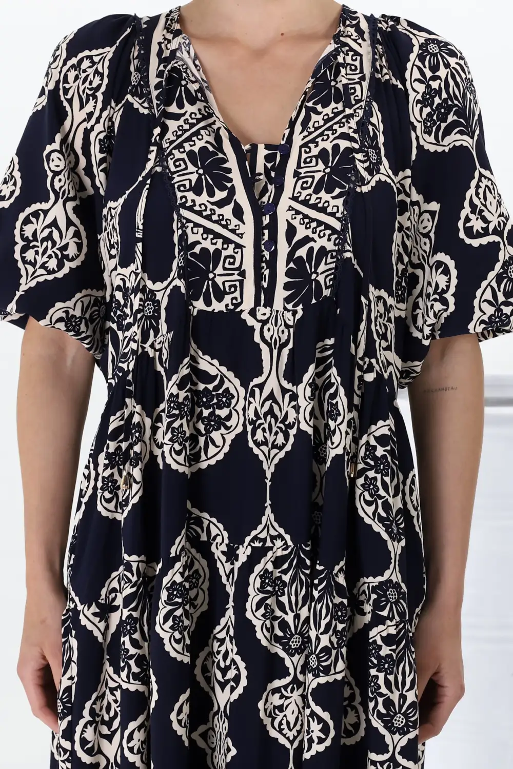 Navy Patterned Lantern Sleeve Midi Dress
