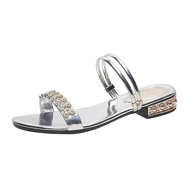 Women's Sandals Comfort Shoes Plus Size Wedding Party Daily Summer Rhinestone Low Heel Open Toe Fashion Vintage Elegant Faux Leather Loafer Solid Color Silver Pale Gold Black