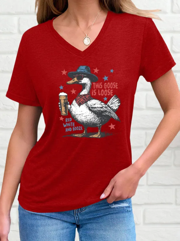 Woman'S This Goose Is Loose Red White And Booze Print Short-Sleeved T-Shirt