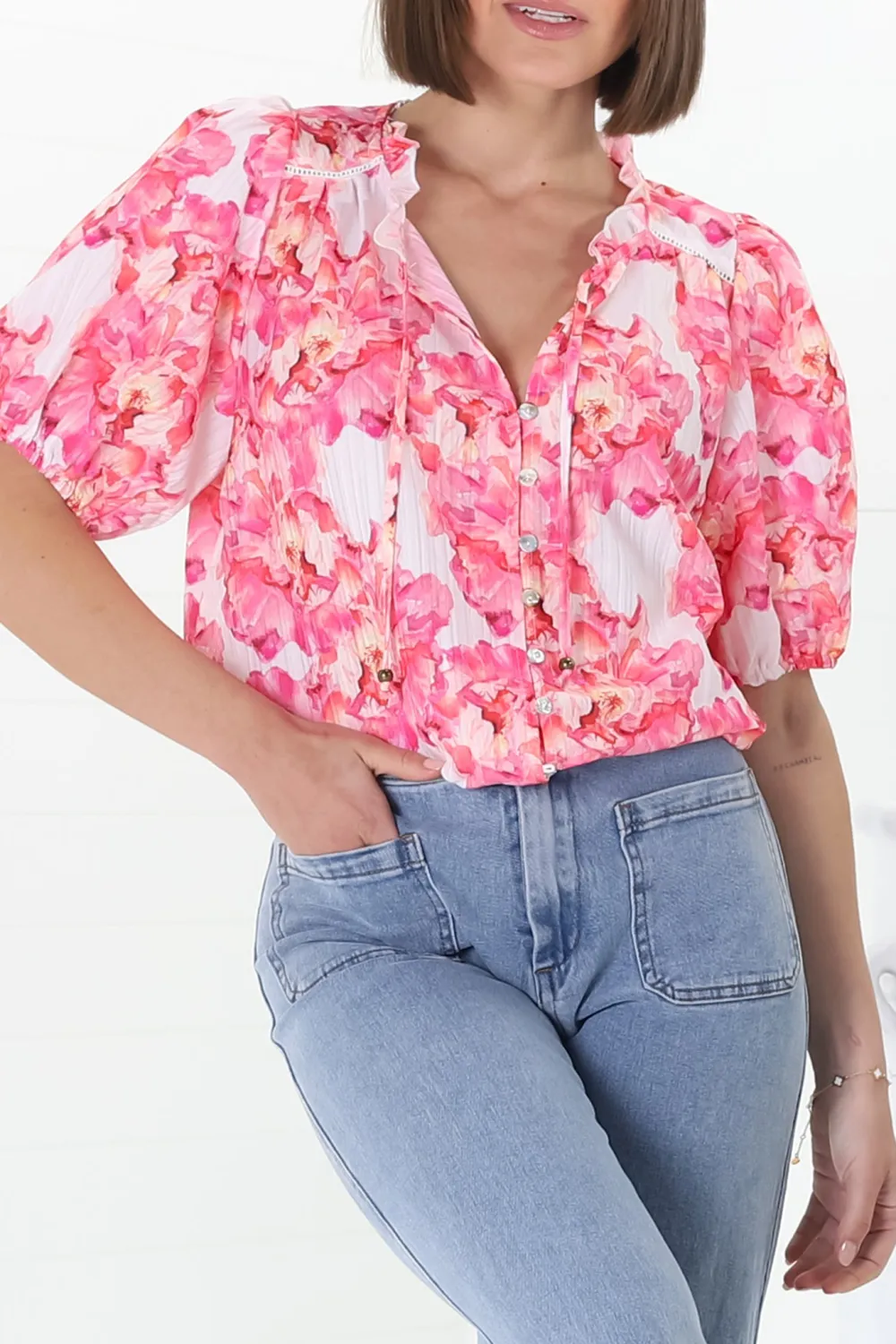 Pink Floral Print V Neck Puff Sleeve Top