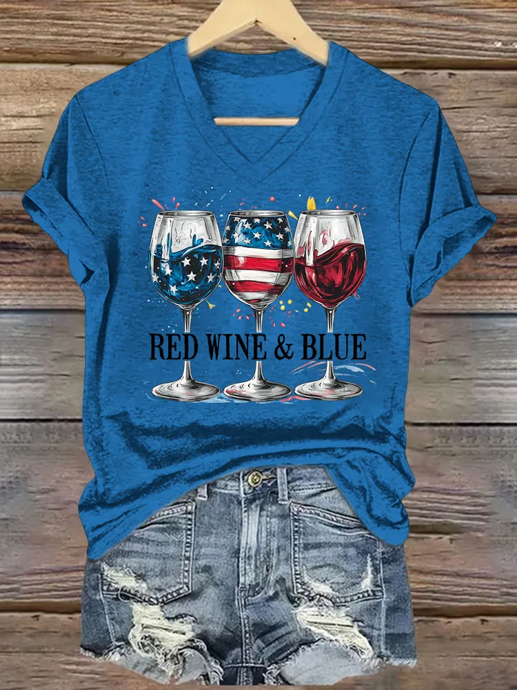 Woman'S Red Wine And Blue V-Neck And Short Sleeves T-shirt
