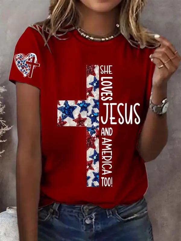 Woman'S She Loves Jesus And America Too! Round-Neck Short-Sleeve T-Shirt
