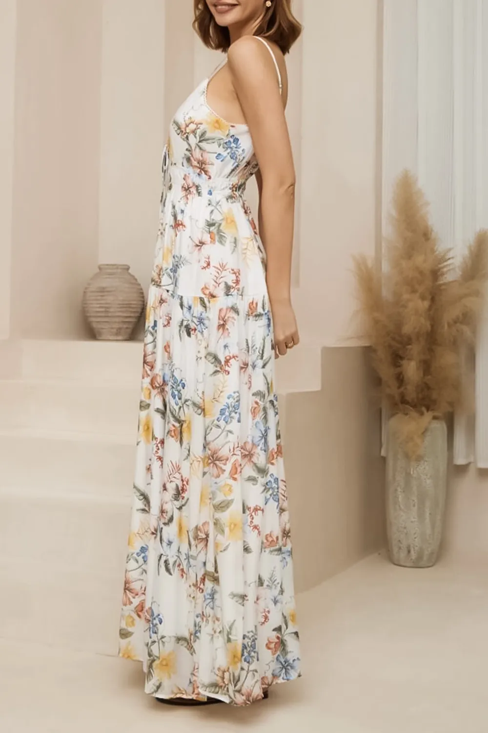 White Floral Print Tiered Maxi Dress