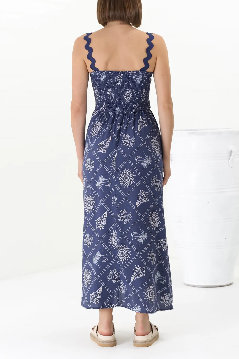 Blue Patterned Scallop Strap Midi Dress