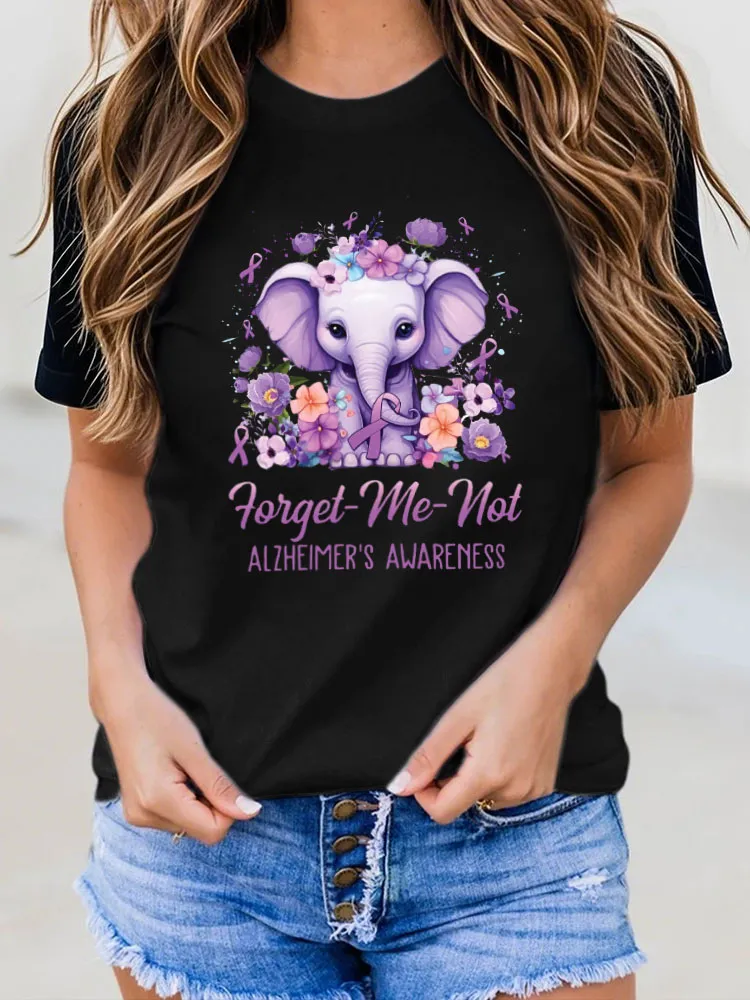 Women'S T-Shirt Forget Me Not Alzheimer'S Awareness Elephant Flower Print
