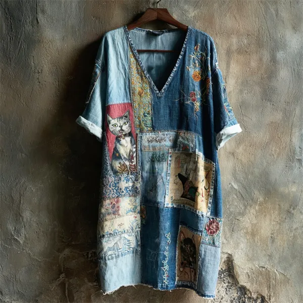 Worn Patchwork Cowboy Cats Women's Short Sleeve V-neck Dress