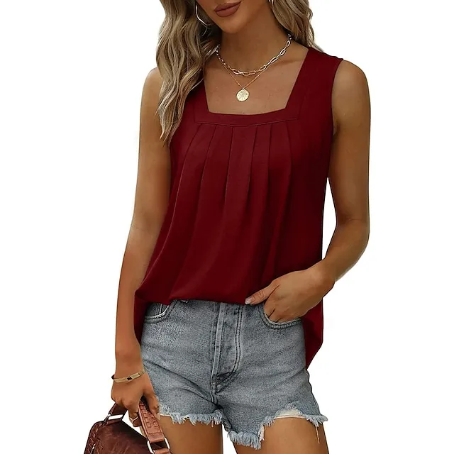Tank Women's Wine Red Black White Solid / Plain Color Pleated Daily Basic Square Neck S
