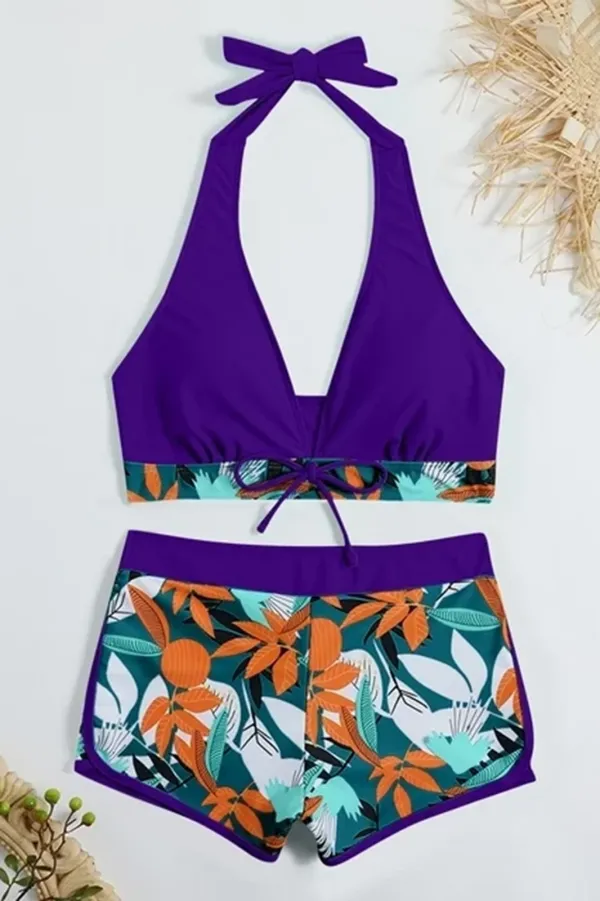 Sexy padded printed high-waisted patchwork swim trunks set