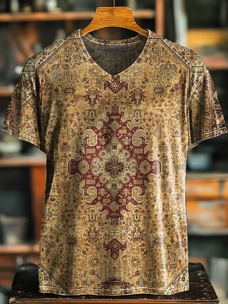 Women'S T-Shirt Retro Diamond-Shaped Pattern Print V-Neck Shirt