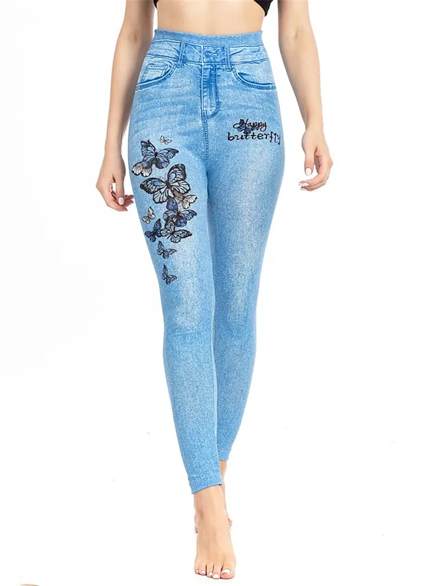 Women's Slim Pants Trousers Leggings Full Length Faux Denim Pocket High Cut High Elasticity High Waist Fashion Streetwear Street Causal Lake Blue Royal Blue S M Summer Fall