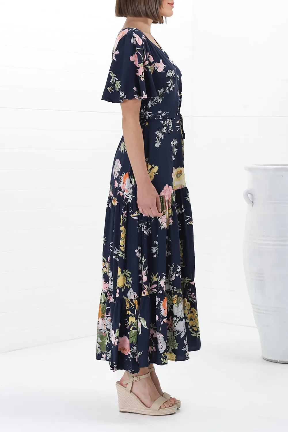 Navy Blue Floral Print Flutter Sleeve Maxi  Dress