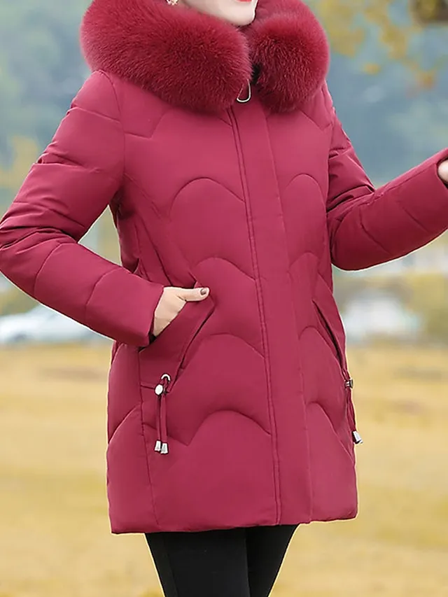 Women's Parka Warm Breathable Outdoor Street Daily Wear Going out Zipper Pocket Fur Collar Zipper Hoodie Fashion Modern Casual Street Style Solid Color Regular Fit Outerwear Long Sleeve Fall Winter