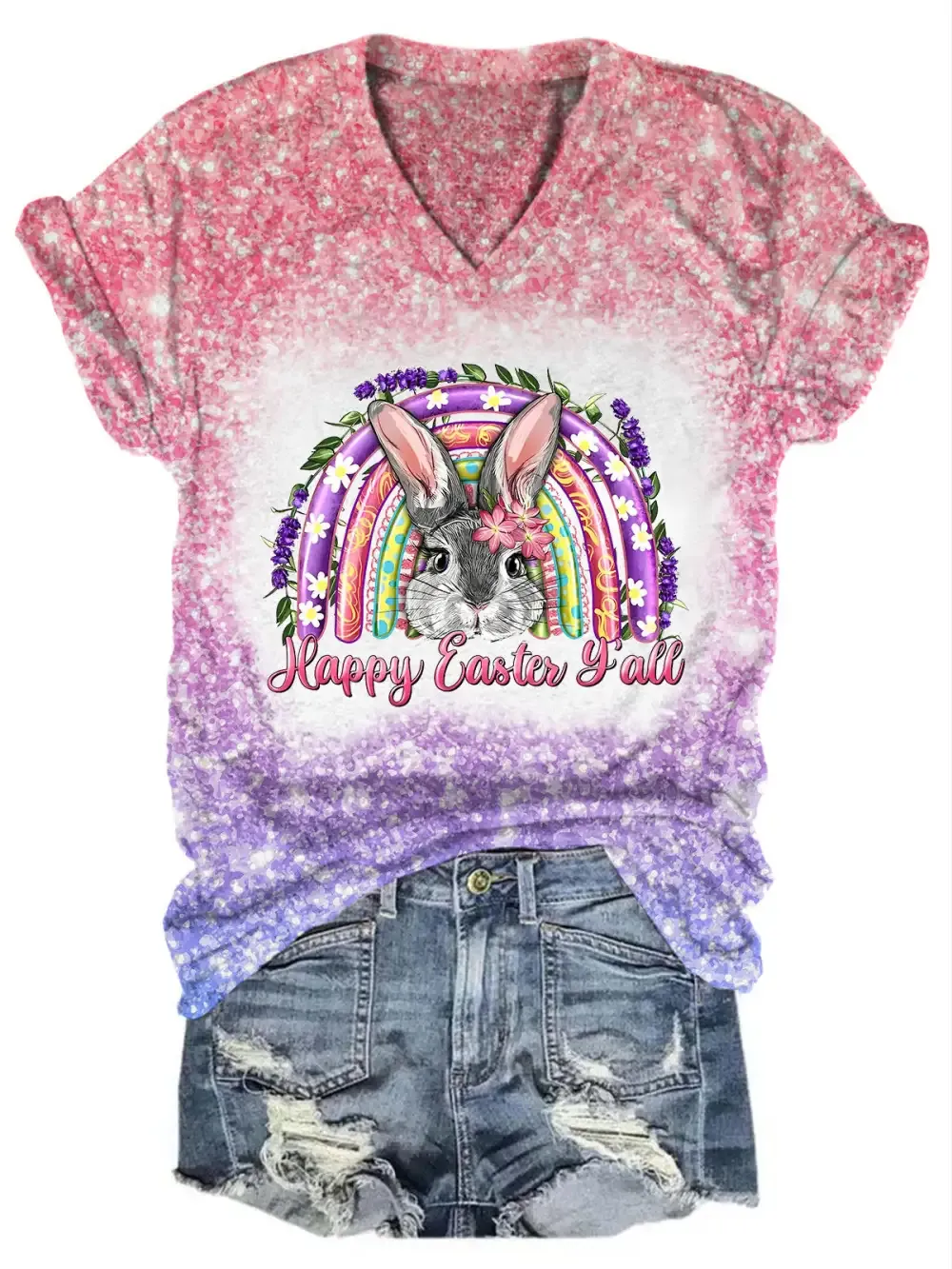 Easter Gradient Glitter Bunny Print Casual Top
