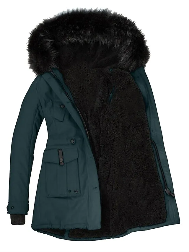 Women's Parka Fleece Lined Puffer Jacket Thicken Winter Coat Windproof Thermal Warm Heated Coat Zipper Drawstring Hoodie Outerwear Long Sleeve