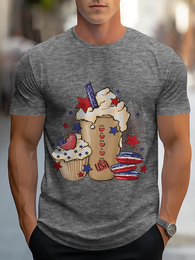 Man'S Dessert Print Round-Neck Short-Sleeved T-Shirt