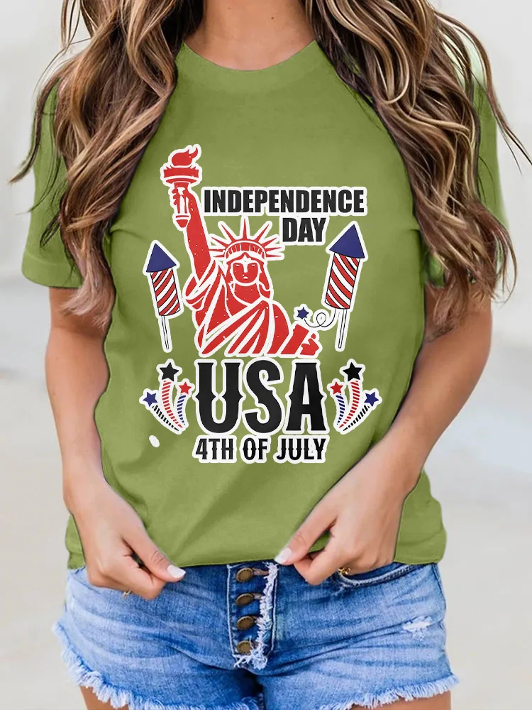 Woman'S Independence Day USA 4Th Of July Round-Neck Short-Sleeved T-Shirt