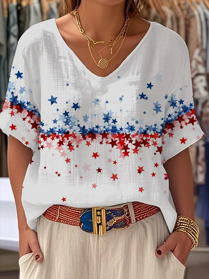 Women'S Star Print V-Neck Short-Sleeved Shirt