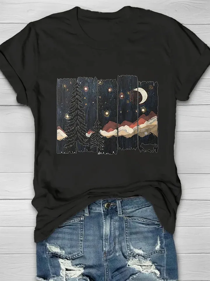 Women's Casual Natural Forest Print Short Sleeve Crew Neck T-Shirt