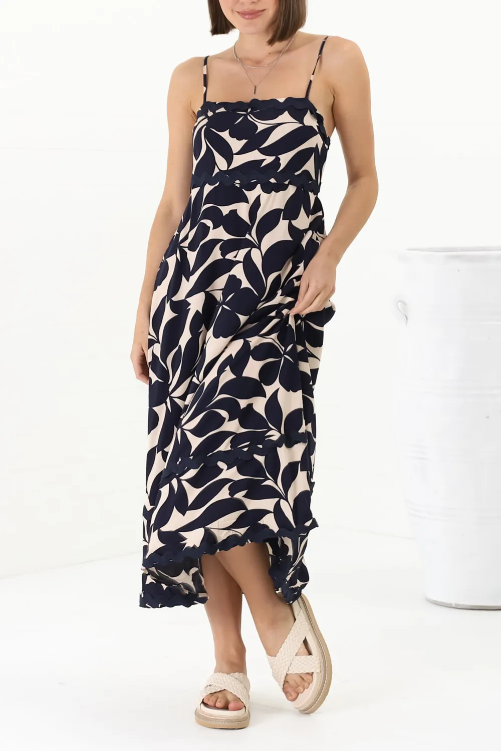 Navy Blue Leaf Print Asymmetric Midi Dress