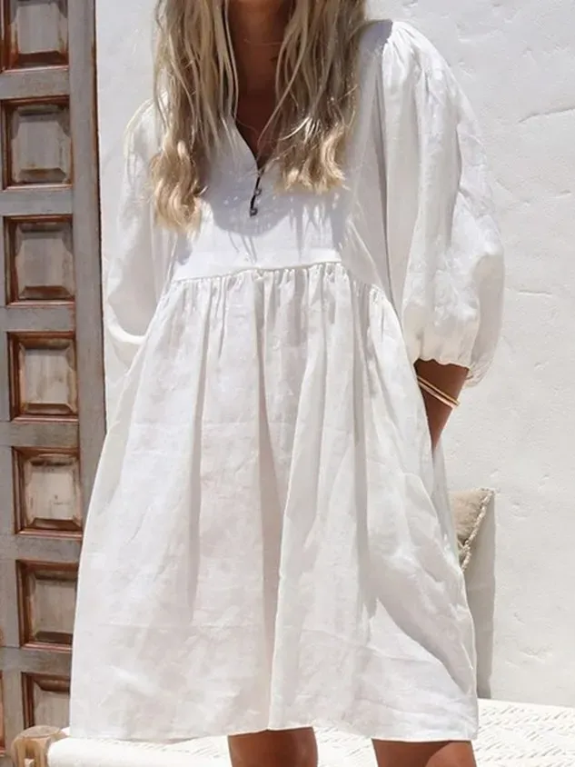 Women Plain V Neck Three Quarter Sleeve Comfy Casual Short Dress