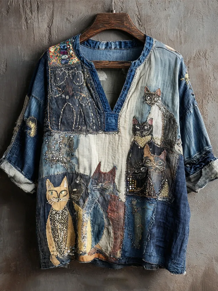 Vintage Shabby Patchwork Cowboy Cat Women's V-neck Shirt
