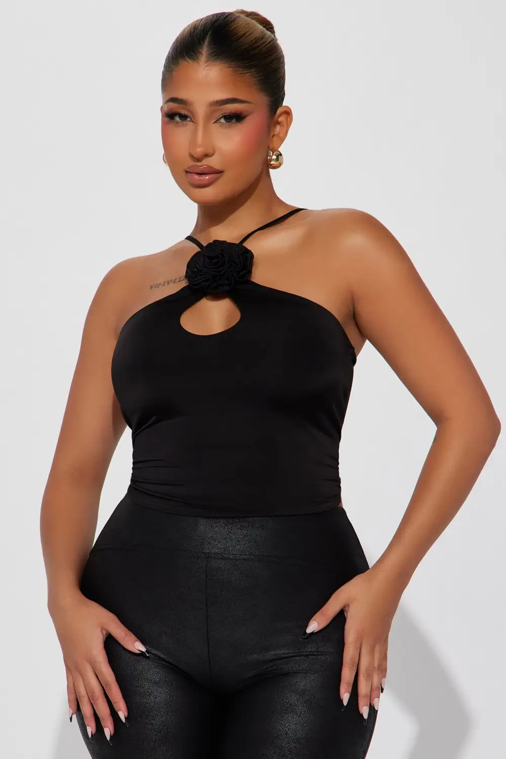 Ria Rosette Halter Top - Black