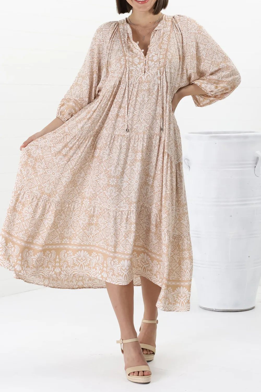 Beige Patterned Half Sleeve Midi Dress